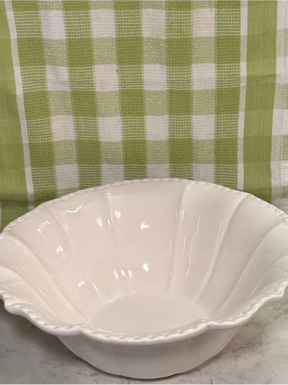 Ceramica Made in Portugal White Scalloped Serving Bowl Beaded Rim Large 12 Inch